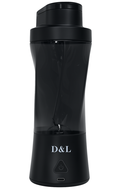 Black portable blender with 'D&L' branding on a white background