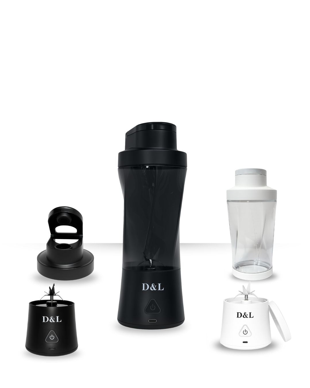 Black and white portable blenders with 'D&L' branding on a white background