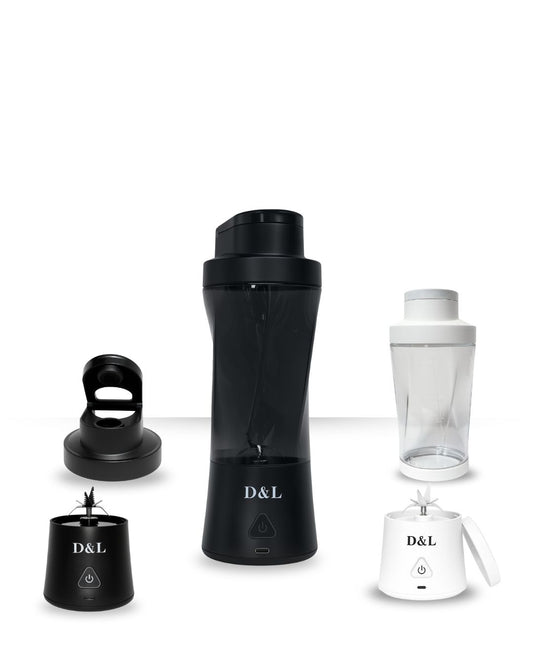 Black and white portable blenders with 'D&L' branding on a white background