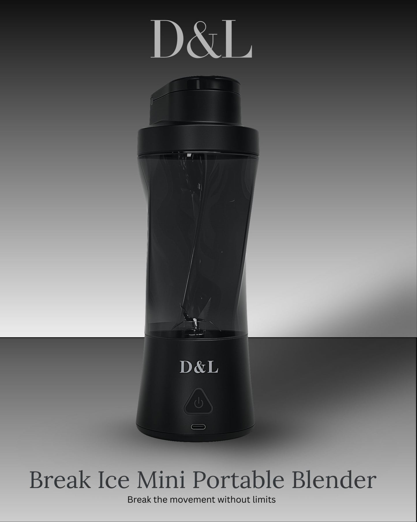 Black portable blender with 'D&L' branding on a gradient gray background