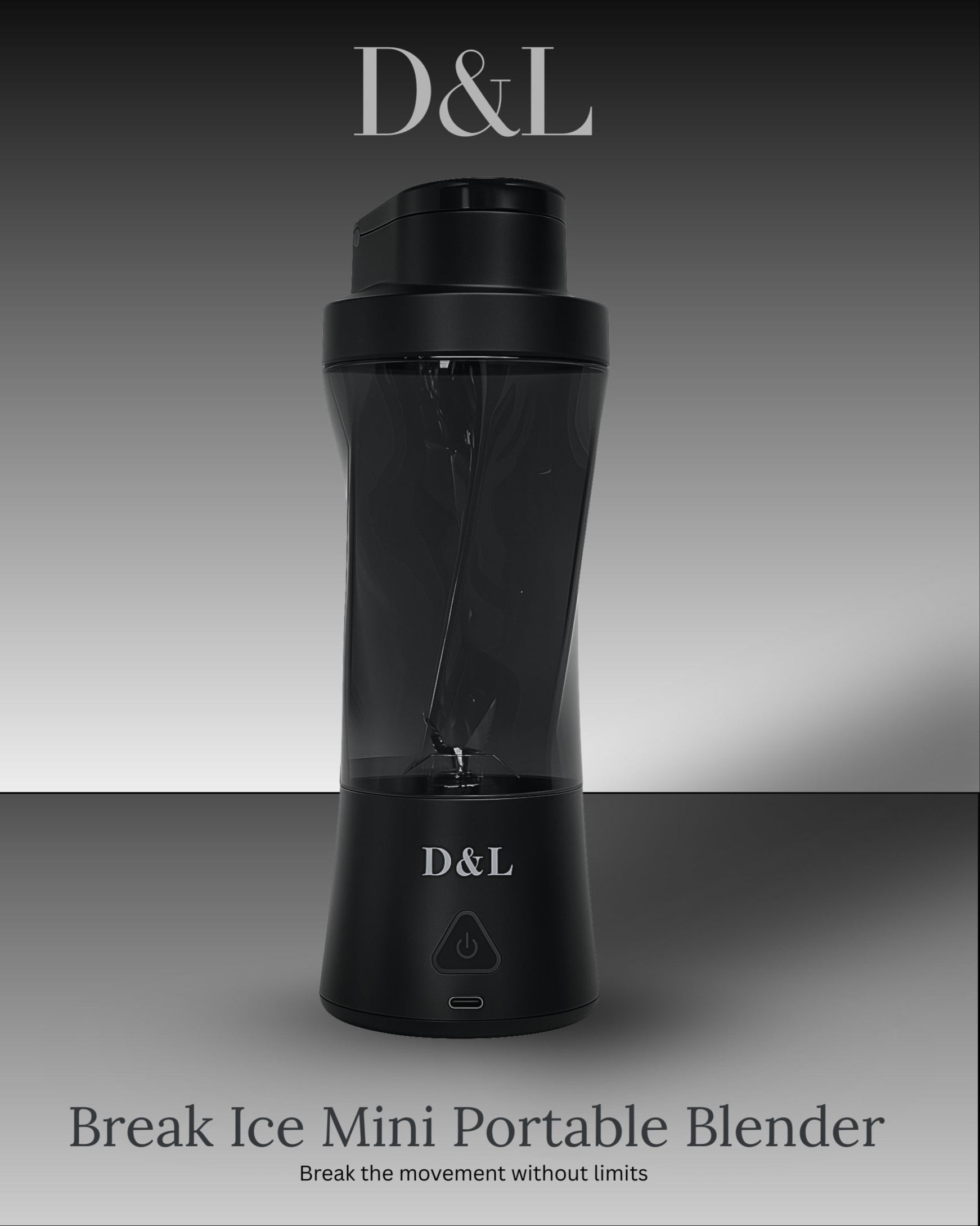 Black portable blender with 'D&L' branding on a gradient gray background