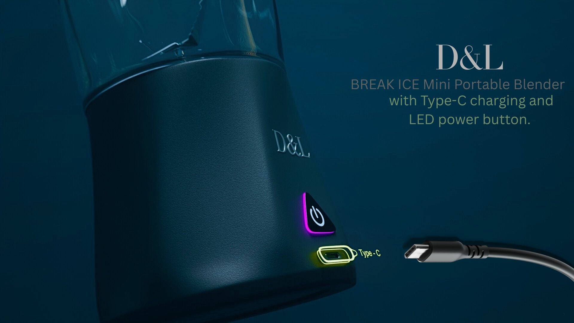 D&L BREAK ICE Mini Portable Blender with Type-C charging cable on a dark blue background