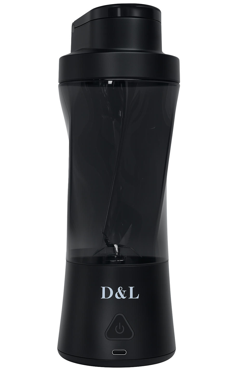 Black portable blender with 'D&L' branding on a white background