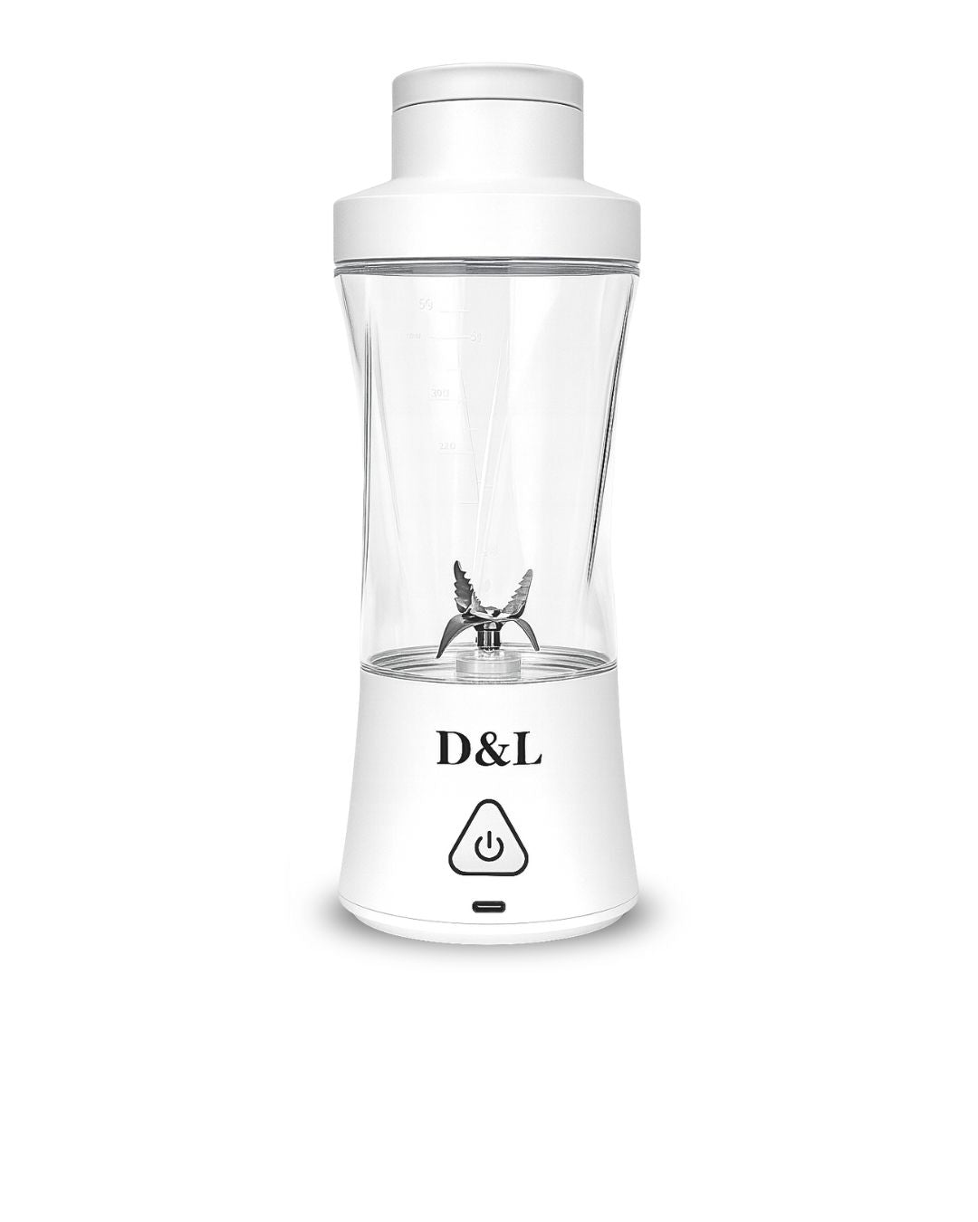 D&L Break ICE White portable blender with clear container on a white background